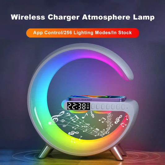 G Shaped LED Lamp Bluetooth Speaker With Wireless Charger & Digital Clock